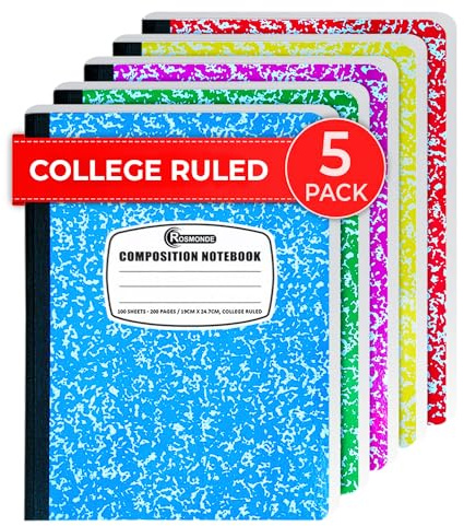 Rosmonde 5 Pack Composition Notebooks College Ruled, 200 No Bleed Pages (100 Sheets) 9-3/4x7-1/2 Notebooks for Work, Back to School Supplies for College Students, Notebooks for Women, Colors May Repeat
