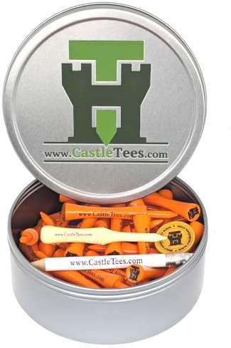 Castle Tees Orange 40 x 70 mm Orange Premium Bambus Golf Tees in einer Dose mit gratis Ballmarker & gratis Bleistift Doppelt so stark wie herkömmlicher Bambus, sehr stark und langlebig & ein tolles