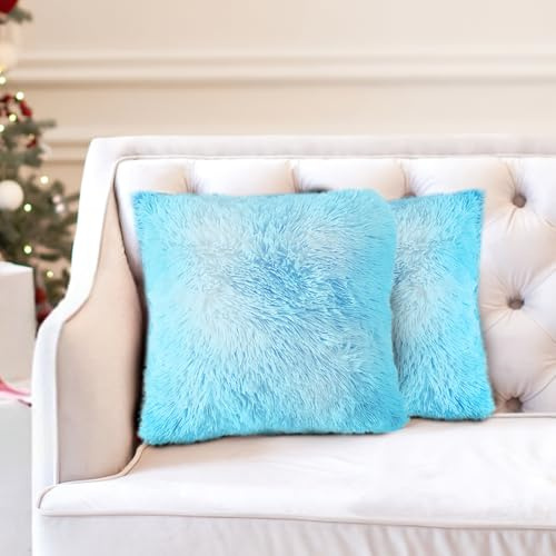 Bustlwor 2 Stück Künstlich Pelz Kuschelkissen, Kunstfell Kissen, Plüschkissen Kissenhülle mit Flauschig, für Sofa, Stuhl, Wohnzimmer (Blau, 45 x 45cm)…