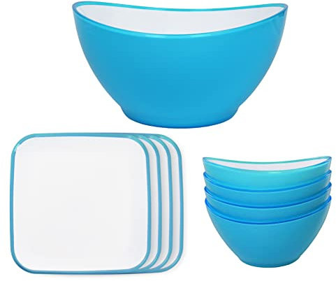 Linden Berg Geschirrset aus Kunststoff, 1x Schüssel groß 3,5 Liter, 4x Schüsseln klein 0,5 Liter, 4x Teller eckig 24,5 x 24,5 cm, bruchsicher, kratzfest, Spülmaschinengeeignet, blau weiß