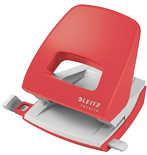 Leitz NeXXt Recycle Locher, 30 Blatt, A4, für Büro & Schule, Führungsschiene mit Formatmarkierung, 100 Prozent recyclebar Recycle-Sortiment, 50030025, Rot