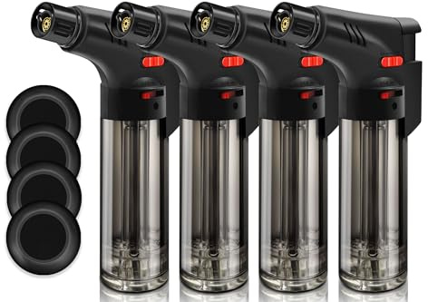 WANBRO 4 Pack of Torch Lighter, Powerful Windproof Jet Flame, Butane Gas Refill, with Safety Lock, Mini Blow Torch Lighters for Candle, Firework (NO Gas)