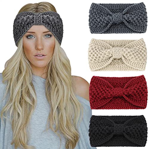 DRESHOW Stirnband Damen Winter 4 Stück Strick Ohrenwärmer Damen Verdicken Stirnbänder Mädchen Warm Gestrickte Haarband Headwrap Kopfband Warme Wintergeschenke