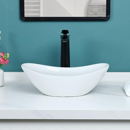 Davivy Ovales Gefäß-Waschbecken mit Pop-Up-Ablauf, kleines ovales Badezimmer-Gefäß-Waschbecken, weiße Keramik-Badezimmerwaschbecken über der Theke, ovales Gefäß-Waschbecken in Bootsform, ovales