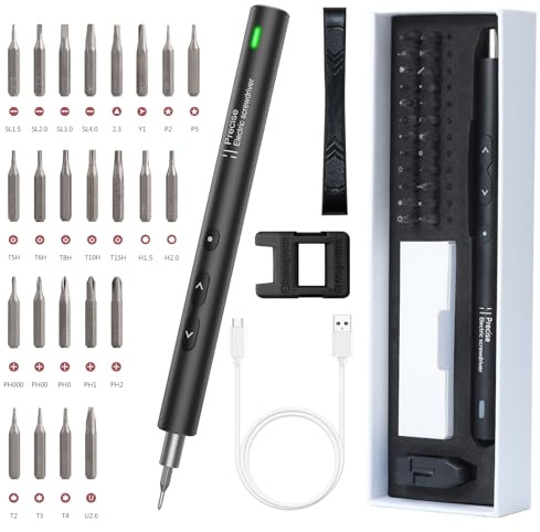 LOFICOPER Mini Elektro-Schraubendreher Set, 28 in 1 Magnetische Präzisions Akkuschrauber mit 24 Bits, LED, Type-C USB, Tragbarer Reparatur-Kits für Laptops, Uhren - Schwarz
