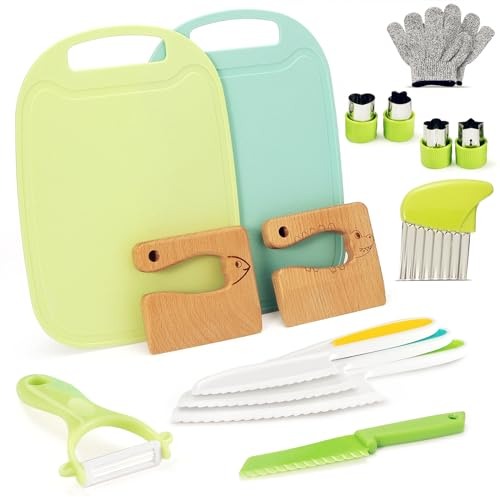 15-Teiliges Kindermesser-Set zum Schneiden und Kochen - Küchenmesser-Set mit Holzmesser, Schneidebrett, Schäler für Obst oder Gemüse