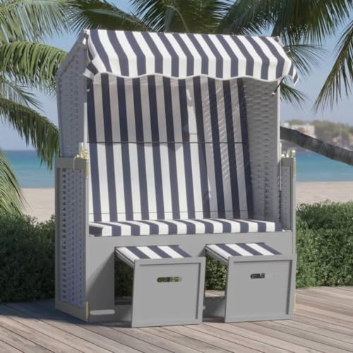 FUDUGEHMIOFWFJJ deckchair,liegestühle,sonnenbank,Strandkorb mit Dach Poly Rattan und Massivholz Blau & WeißGeeignet für Garten, Pooldeck, Terrasse, Wohnzimmer