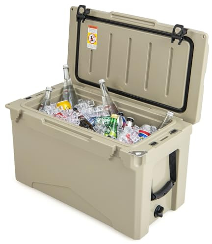 GOPLUS 47L Glacière Rigide Isolée avec Joint Anti-Fuite, Double Porte-gobelets, Glacière Isotherme Portable pour Camping, Pêche, Pique-Nique, Barbecue, Rétention du Froid 5 à 7 Jours(Sable,47L)