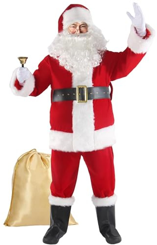 Boveco Christmas Santa Claus Costume for Men Adult 11 Pcs Deluxe Suit Outfit Xmas Santa Holiday Party Cosplay L Red