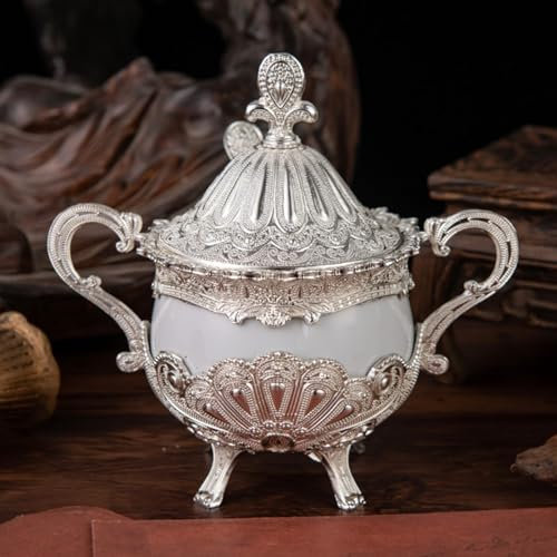 BURLOE Argento,Ceramics, Zuccheriera con Coperchio E Cucchiaio, Barattolo di Spezie in Metallo Portacaramelle Vetro A Rilievo Ciotola Decorativa Ceramica Argento Giglio Decorativo Piatto