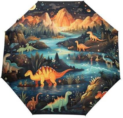 Weltraum Vintage Tier Dinosaurier Regenschirm Taschenschirm Kinder Jungen Mädchen UV-Schutz Auf-Zu Automatik Umbrella Verstärkt Winddichte Zusammenklappbar