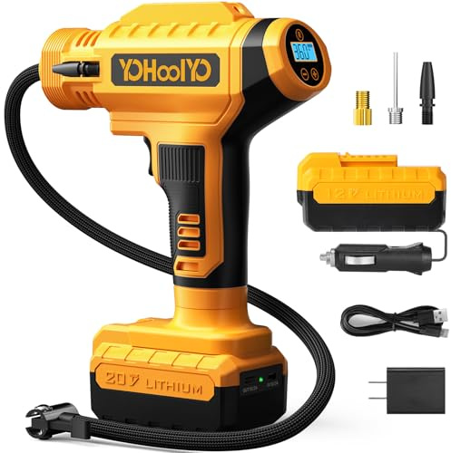 YOHOOLYO Smart Digital Tyre Inflator with Auto Shut-Off, 150PSI Fast Inflation, Portable Air Compressor with Cordless Lithium & 12V DC Dual Power, for Car, Motorcycle, Bicycle, Balls