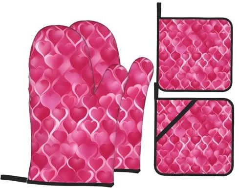 YYHWHJDE Set di 4 guanti da forno e presine con stampa a cuori rosa: spessi e resistenti, anti-scottatura e termoisolanti