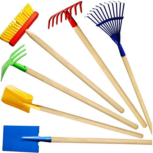alles-meine.de GmbH 6 TLG. Set: Kinder - Spaten + Schaufel + Besen + Rechen + Harke + Hacke - aus Holz & Metall - bunt - 80 cm lang - stabile Gartengeräte/Gartenwerkzeug - Gart..