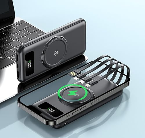 Power Bank 30000mah, Power Bank De Carga Rápida, Energía Móvil De Cuatro Líneas, 30000mah Energía Magnética, Carga Rápida, Cargador Portátil (Negro)