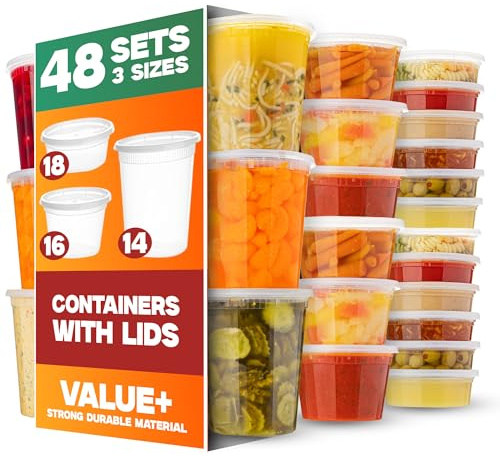 XpressPak Lot de 48 boîtes de conservation alimentaire avec couvercles – (16 et 947,2 g) – Récipients en plastique avec couvercles – Boîtes à soupe avec couvercles hermétiques – Passent au