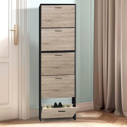 CASABEL Schuhschrank kompakt 15 Paar, Holztüren, schwarzer Rahmen | Schuhaufbewahrung, 5 Klappen, Klappfächer, schmales Format, platzsparend, modernes Design, einfache Montage