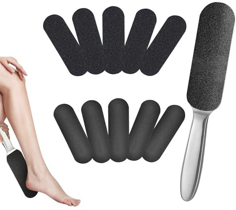 Set di lime per piedi per pelle dura, raschietto per piedi in acciaio inox su entrambi i lati, per rimuovere la pelle dura, con 10 cuscinetti di ricambio per grane di ricambio, strumento professionale