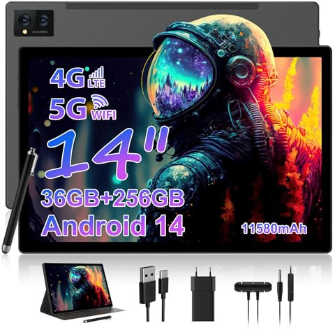 WOREGOO Tablette 14 Pouces Android 14, Tablette Tactile 5G WiFi et 4G LTE, 36GB RAM + 256GB ROM(1TB TF), Octa-Core/2000 * 1200FHD 2K/BT5.0/13MP+8MP/11580mAh/GPS/GMS avec étui et Stylet,Noir