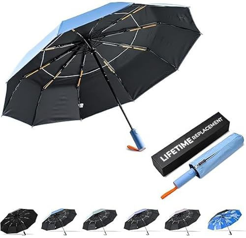 DryDay Travel Umbrellas for Rain - Large Windproof Double Canopy Umbrella, 10 Durable Ribs, Strong Frame, Auto Open Close Ergonomic Handle, Compact Waterproof Umbrella for Women & Men (Pale Blue, 43)