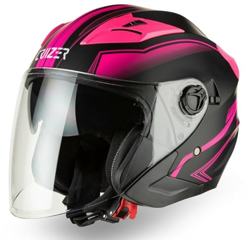 CRUIZER Casco Jet Moto Scooter Omologato Doppia Visiera Nero Opaco Rosa (M)