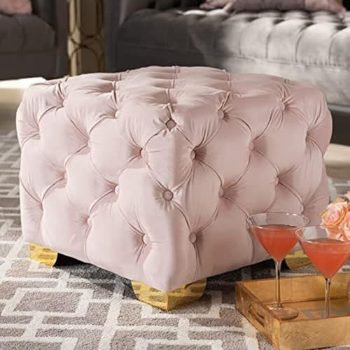 Quadratischer getufteter Ottoman-Fußhocker aus Samt, stilvoll, gepolstert, würfelförmig, Fußstütze und Couchtisch für Wohnzimmer oder Schlafzimmer, 60 x 60 x 40 cm, Rosa