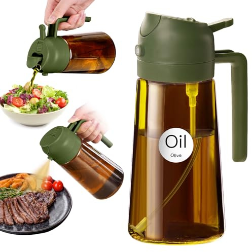 YARRAMATE 470ml lichtblockierender dunkler Bernstein Ölsprüher zum Kochen | 2-in-1 UV Schutz ölzerstäuber für die Küche,Lebensmittelechter Sprühflasche für Heißluftfritteuse ,BBQ (Olivgrün)