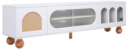 Sideboard Fernsehmöbel Soft-Door-Mechanismus Rundbögen Rattangeflecht offene Ablagen Glasfront Holzkorpus goldene Zierelemente stabiler Stand modernes Wohnambiente stilvolle Einrichtung (Weiß)