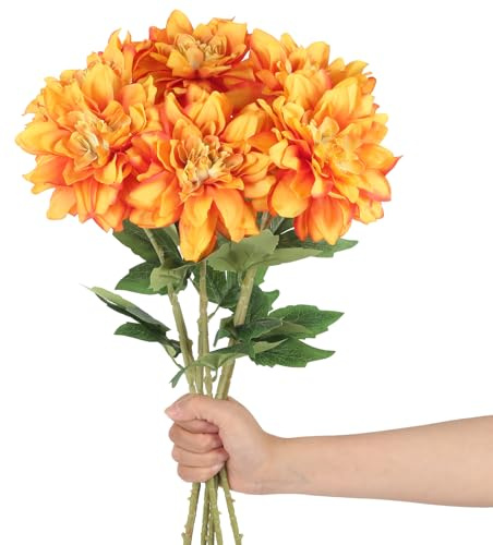 INSUNSIX Dahlia Artificial Flowers,6PCS Fake Dahlias 23.62 Orange Faux Silk Flowers with Stems for Wedding Party Home Centerpieces Arrangements Bouquets (Orange)
