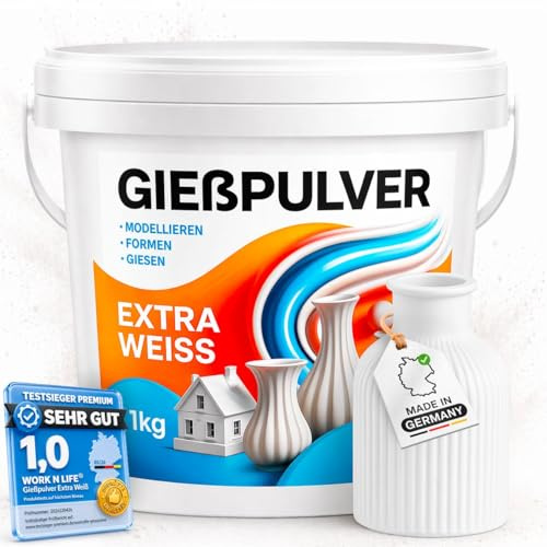 Gießpulver Extra Weiß - TESTSIEGER - Gips zum Gießen für Silikonformen - Lufthärtend & Geruchlos - Gießmasse für Silikonformen - Reliefgießpulver - Giesspulver Weiß Starterset (Extra Weiß, 1,0kg)