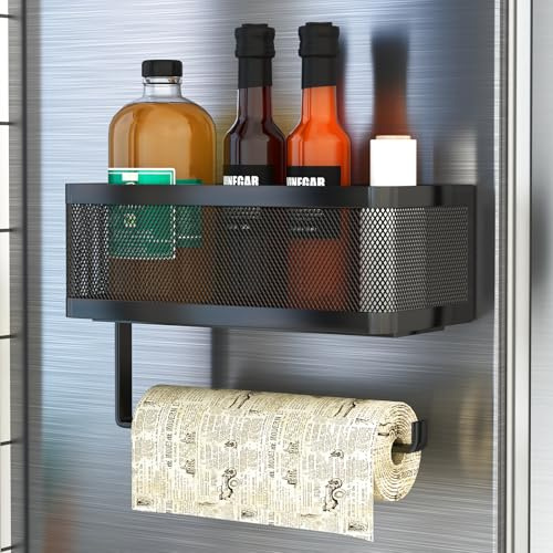 WOCUBEHOME Strong Magnetic Spice Rack for Refrigerator with Paper Towel Holder - 2-in-1 Fridge Organizer Basket, Holds Jars & Rolls, No Drill Mount (Black, Large)