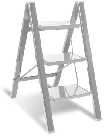 Peviasot stegstege, hushållsstege hopfällbar i 3 steg, hopfällbar stege, stående stege, aluminiumstegpall, halkfri stege med vikskydd, vikbar stege för, lastbar upp till 150 kg, silver