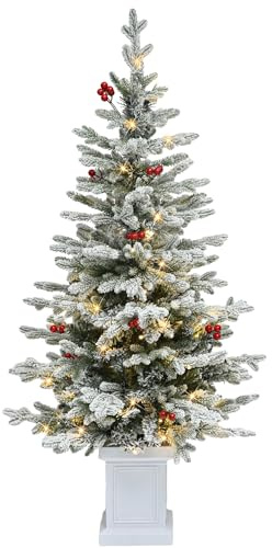 YITAHOME Sapin de Noël Artificiel préfabriqué avec éclairage, 140 cm, Fin, avec 11 Baies Rouges, 358 Branches mélangées PE/PVC et 100 LED Blanc Chaud pour décoration de Salon, Bureau
