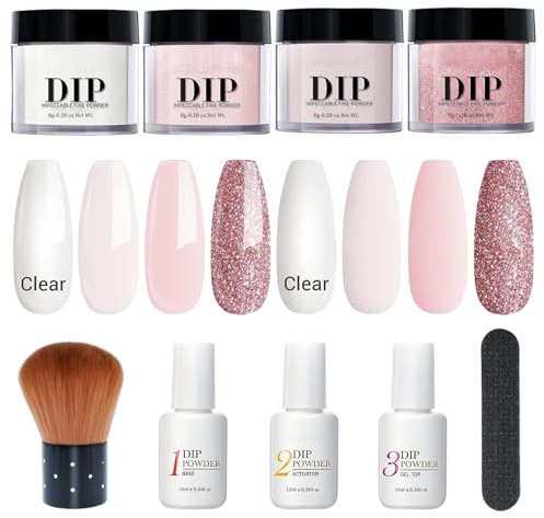 Kit de poudre de trempette à ongles Kit poudre à 4 couleurs liquide ensemble avec une base et une couche fin