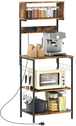 HOMCOM Kitchen Storage Rack, Bakers Rack with Power Outlet, USB Charger, Industrial Microwave Stand with Countertop, 4 Shelves, 5 Hooks, Steel Frame, 60 x 42 x 153 cm, Rustic Brown