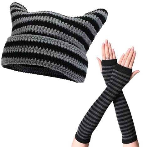 RQcMid 2Set Katzenohren, Cat Ears, Katzenohren Beanie Hut Y2k Winter Warm Gestreifte StrickmüTze Fairy Grunge HäKeln Katze Beanie Frauen Beanies MüTze Mit Lange Handschuhe FüR Frauen