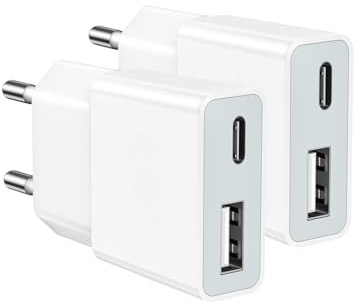 Bestwist Caricatore USB da 5 W, confezione da 2 pezzi, adattatore di ricarica ultra sottile (5 V 1 A), 2 porte: USB-C + A, compatibile con iPhone, lettori di eBook, spazzolini elettrici, lettori MP3 e
