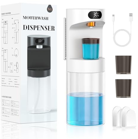 KRYSTHIA Berührungsloser elektrischer Mundspülspender, 620 ml Automatischer Spender für Badezimmer, wandmontiert mit 2 magnetischen Bechern, 4 Betriebsmodi, Mundpflege Zubehör für Erwachsene, Weiß