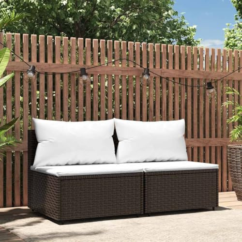 Mandloder Garten-Mittelsofas mit Kissen, 2er-Set, Braun, Poly Rattan, wetterfestes Loungesofa für Terrasse & Balkon, 63x63x57,5 cm, Modulares Design, Outdoor-Möbel