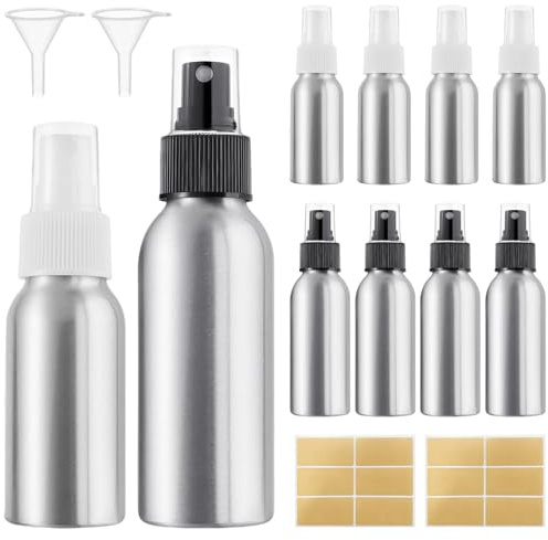 XTUDOU® 14 Pezzi Flacone Spray in Alluminio, Flaconi Spray 100ml Alluminio, Include 2 Imbuti E 2 Adesivi, Flacone Spray Riutilizzabile per Acqua, Profumi E Cosmetici Liquidi (100 Ml, 50 Ml)