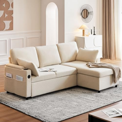 CLIPOP Boucle Corner Sofa 3 Seater L Shaped Sofa Bed with Storage Chaise Pull Out Sleeper Couch with USB Ports and Armrest Storage for Living Room (cream boucle, L shaped sofa)