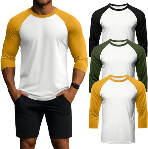 Geyoga Paquete De 3 Camisetas para Hombre De Manga 3/4, Cuello Redondo, Estilo Béisbol, Transpirables Y Deportivas