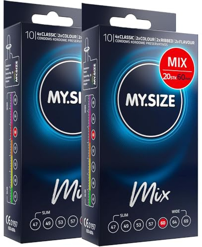 MY.SIZE Mix kondomer 60 mm 20 stycken – Storlek XXL | Varianter: blå, röd med jordgubbssmak, räfflad, natur | Premiumkondomer | Tyskt varumärke | Tjocklek 0,07 mm | av naturgummilatex