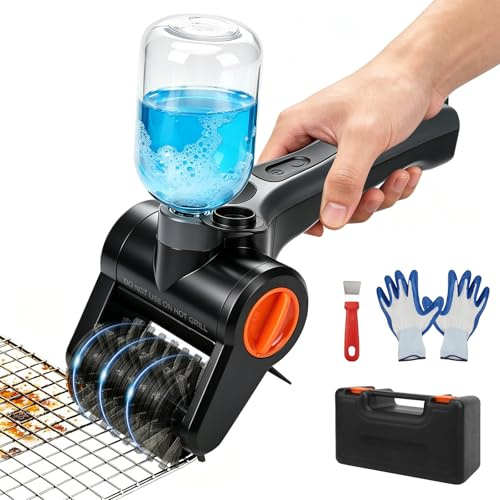 Elektrische Grillbürste mit Wassertank & Edelstahl-Bürstenkopf, Kabellose USB-C Aufladbare Grillreinigungsbürste, 360° Rotierend, 2 Geschwindigkeiten, BBQ Reiniger für Grillrost, Gussrost, Outdoor