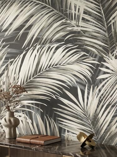 Newroom papier peint intissé noir feuilles de palmier chambre moderne | Brillance contrastée, anthracite aux contours crème, sans raccord, motif floral, décoration murale, salon