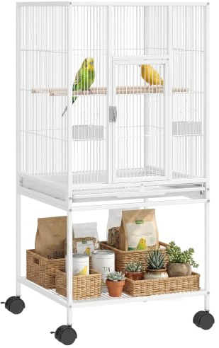 PawHut Detachable Bird Cage on Wheels for Budgies Storage Shelf White | for Finches, Parakeets, Budgie Cage, Parrot Aviary with Accessories
