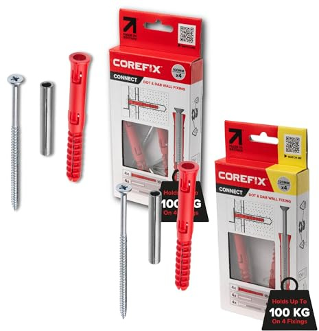Corefix 4 x 100mm & 4 x 120mm Bundle Heavy Duty Dot & Dab Wall Fixings. Plasterboard Over Blockwork Wall Plugs & Screws - for TVs, Radiators, Shelving & More