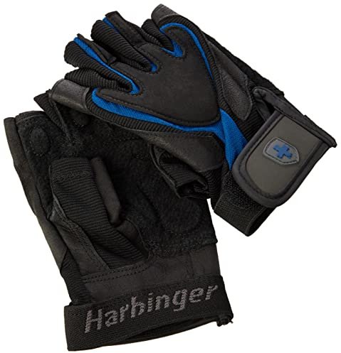 Harbinger Herr träning grepp handled wrap tyngdlyftningshandskar, gelvadderad läderhandflata, fitness, L, svart-blå (Schwarz-Blau), L