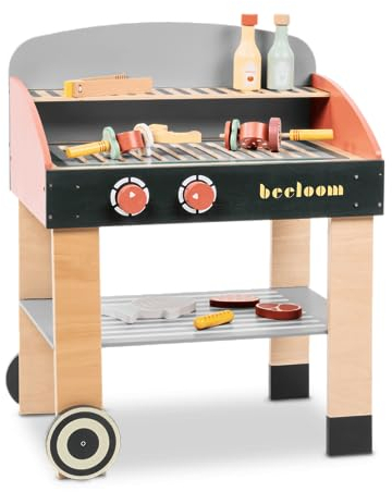 Beeloom Babycue – Kinderküche aus Naturholz mit Zubehör, Barbecue-Stil, Nachahmungsspiel für Kinder ab 3 Jahren, Tragbares und Minimalistisches Design
