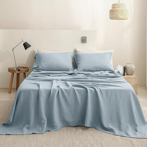 Simple&Opulence 100% Linen Sheet Set 4pcs Basic Style, Deep Pocket, Natural French Washed Flax Solid Color Soft Breathable Bed Sheets - Dusty Blue, King
